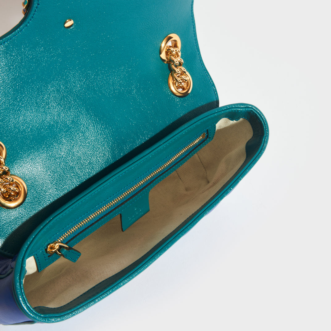 GUCCI GG Marmont Small Shoulder Bag in Blue Matelass Leather COCOON